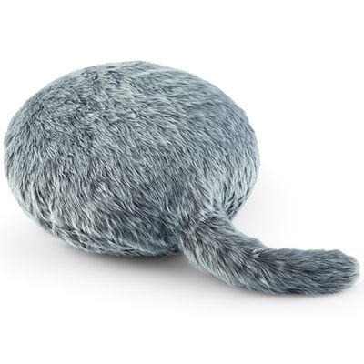 A round cushion with a tail, covered in soft looking gray fur.