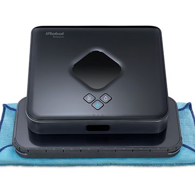 A square black robot vacuum with a blue cleaning rag attached to the bottom.