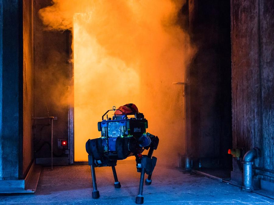 A large four legged black robot stands in front of a building that is on fire.