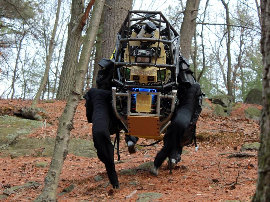 A very large black quadruped robot  in the woods.