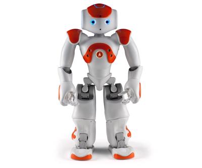 360 degree spin of Nao, a friendly, cartoonish, white and red humanoid robot. It has two eyes and a small hole with forms its mouth.