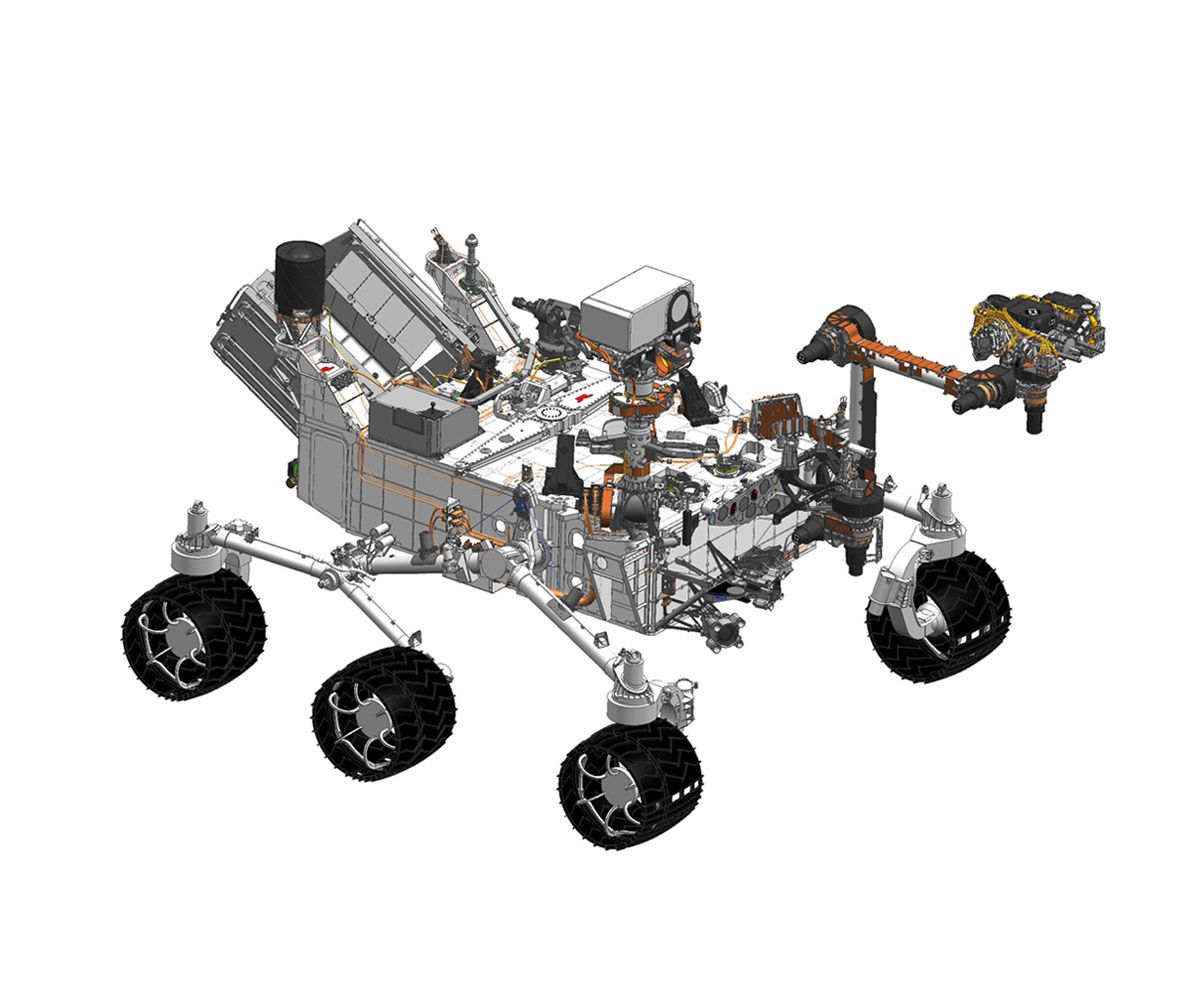 A six-wheeled robotic vehicle equipped with cameras and instruments with overlays identifying the location of various pieces of equipment.