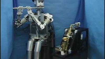 Saxophonist and flutist robots perform a duet.