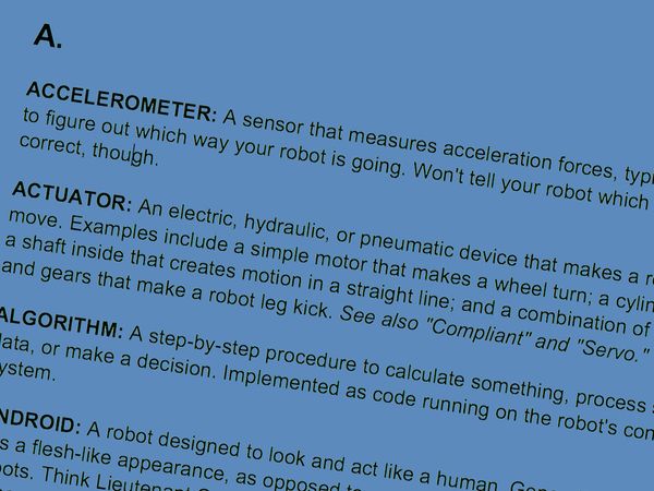 Page showing printout of robotics glossary starting with A terms.