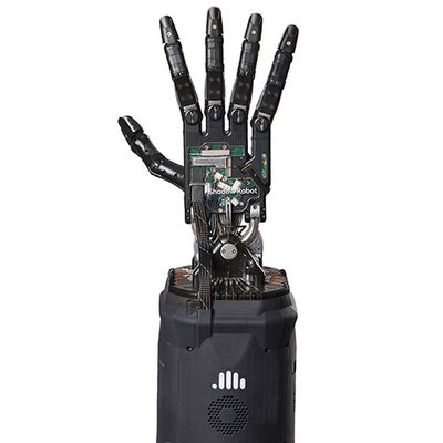 A black prosthetic hand that imitates human fingers and tendons.