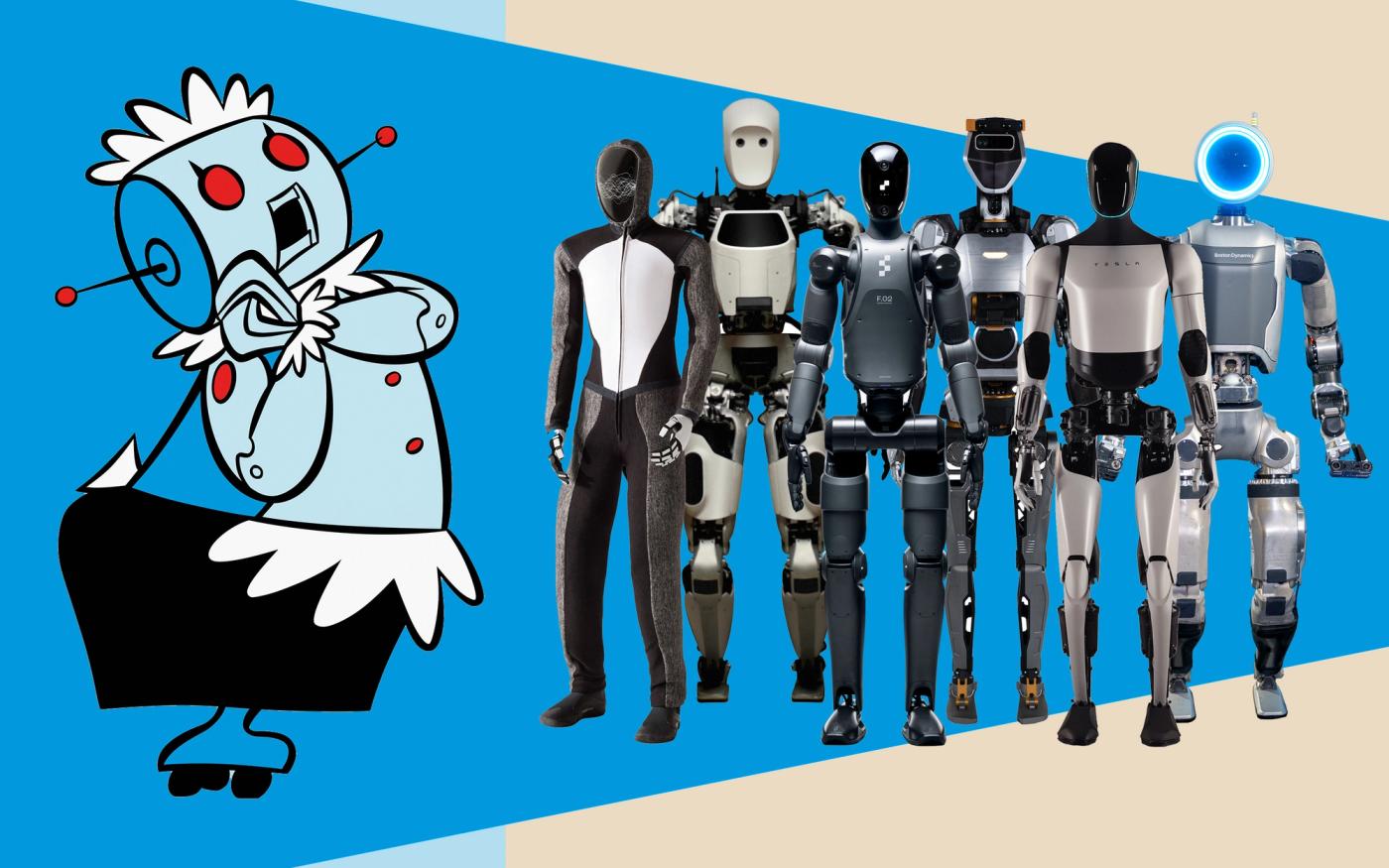 Rosie, the robot maid from the Jetsons, stands next to 6 humanoid robots including Neo, Apollo, Figure, Phoenix, Optimus and Atlas.