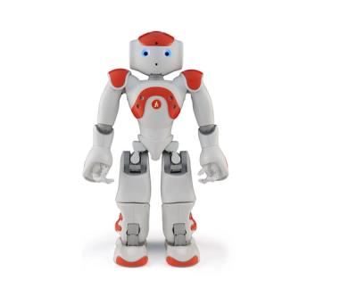 The Nao robot, a friendly, cartoonish, white and red humanoid does tai chi moves.