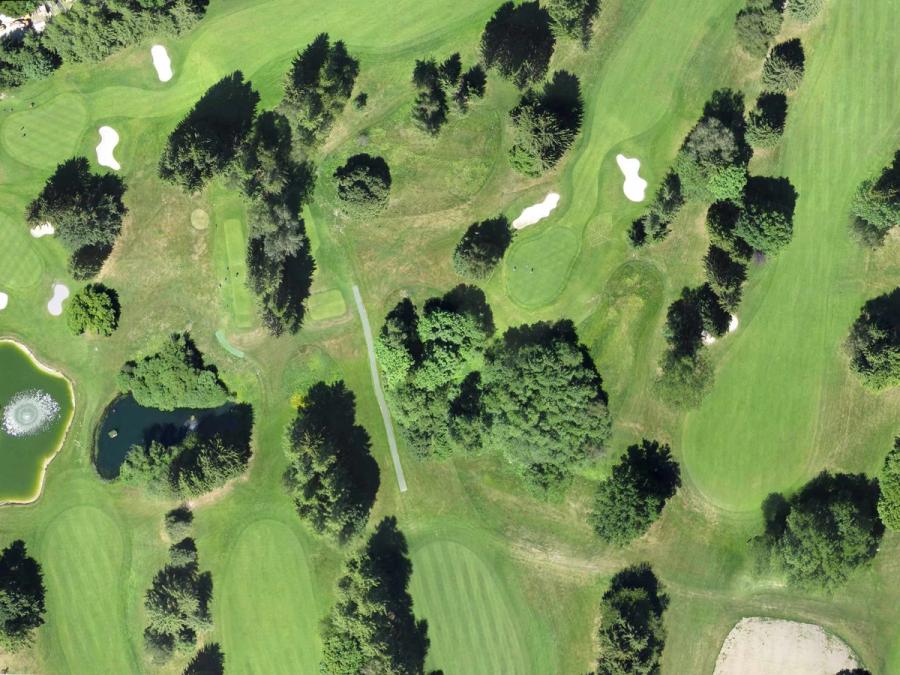 Aerial view of a green landscape.