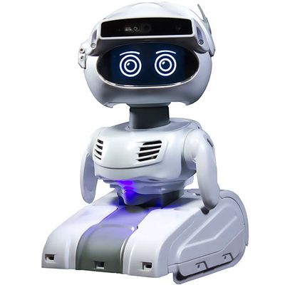 A small, friendly looking robot with a white base, vented torso, two small arms, and a rounded head with two expressive eyes and a strip of sensors on top.