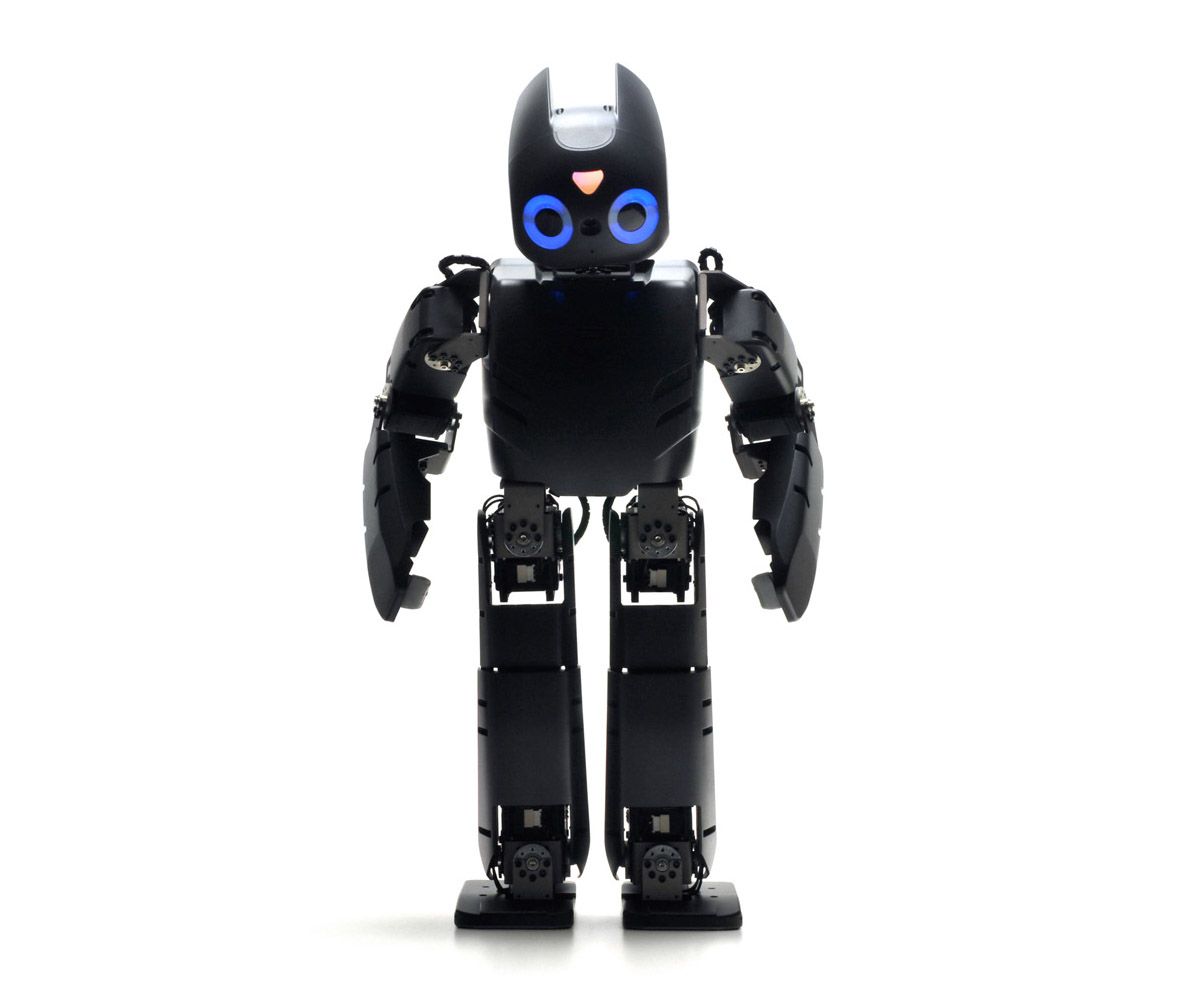 A series of images rotates a small black humanoid robot with cat-like ears and glowing blue eyes.