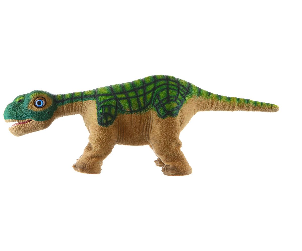 A rotating view of a friendly green and brown baby Camarasaurus dinosaur robot.