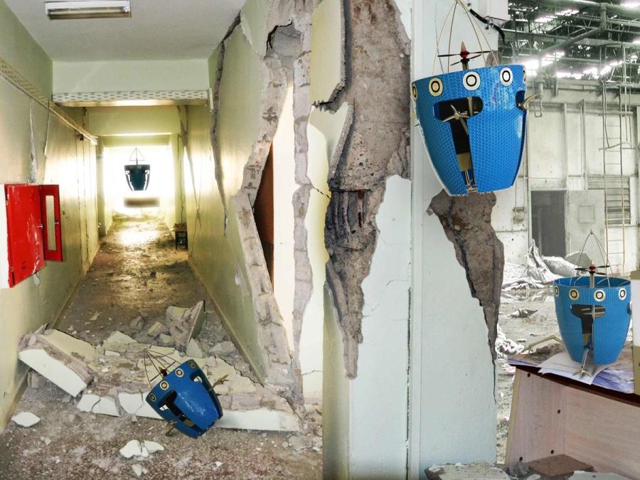 A blue drone is composited into four spots of a building whose walls are torn apart.