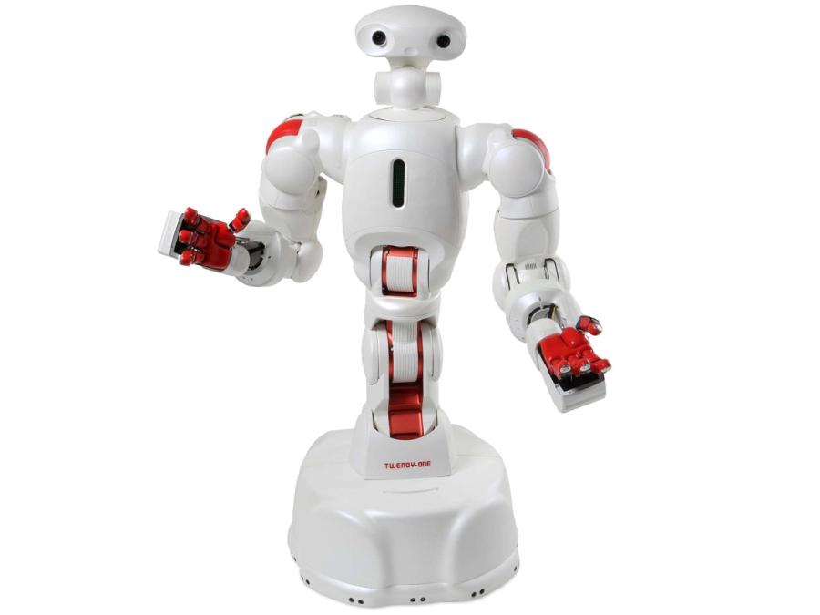 A friendly white humanoid on a wheeled mobile base. It has red accents, including four finger gripper hands on its two jointed arms. It's face and torso are simple, with two camera eyes on the head, and sensors in its chest.