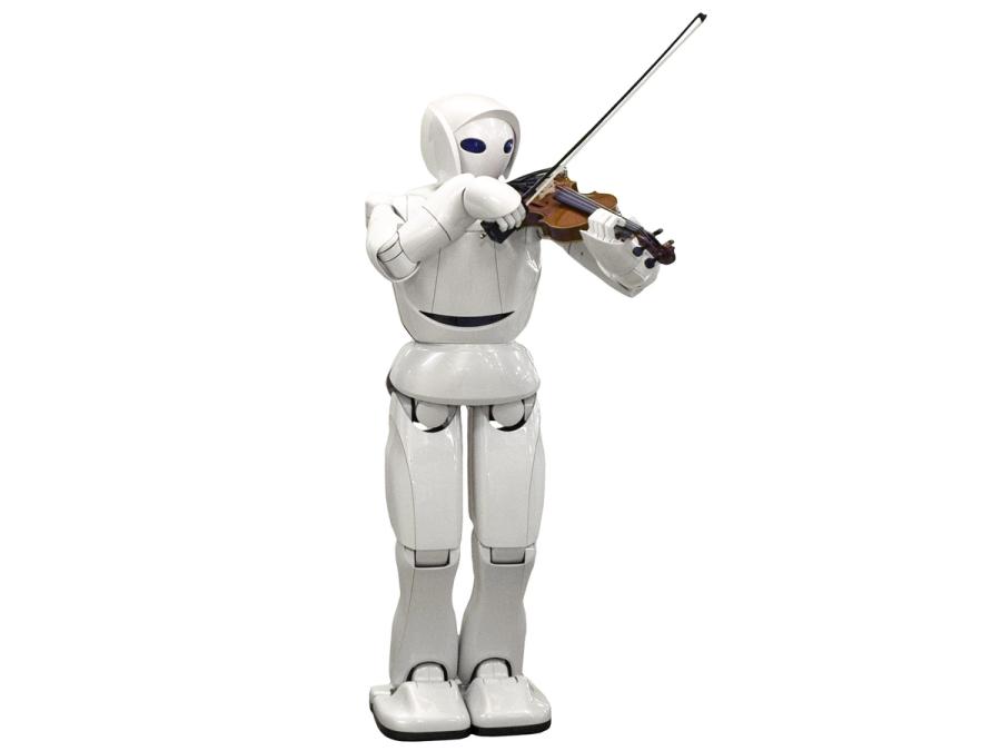 A white humanoid robot plays a violin.