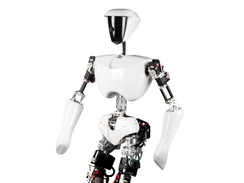 A black and silver humanoid robot with white casing.