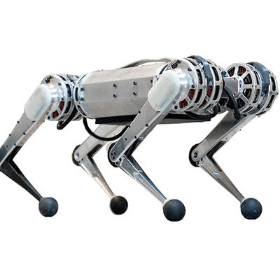 A silver four legged robot on a white background.