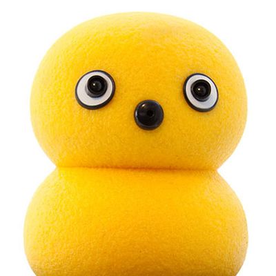 A robot that looks like two yellow balls squished together, with googly eyes and a button nose.