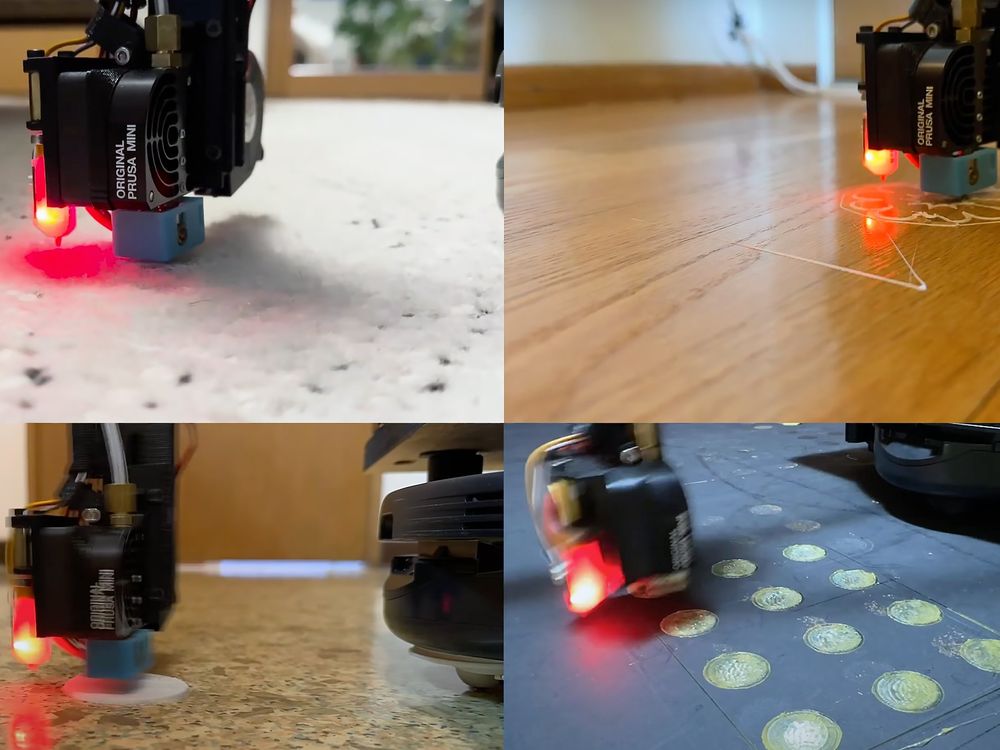 A grid with four photos of 3D printers working directly on a variety of floor surfaces.