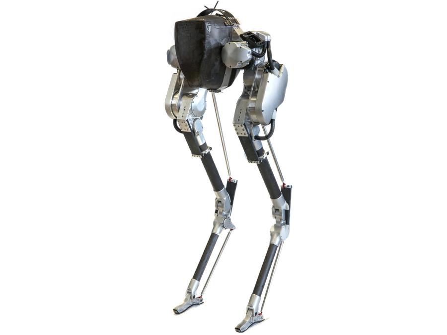 Silver robotic legs attached to a black middle section.