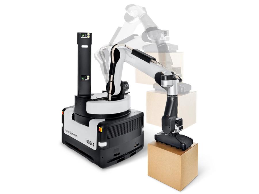 The Stretch factory robot has a large black and grey mobile base supports an articulated arm that holds a cardboard box. Multiple exposures show the box being lowered to the ground.