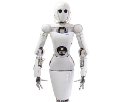 Two images show a white humanoid robot with a female appearance and a look inside at its electronics.