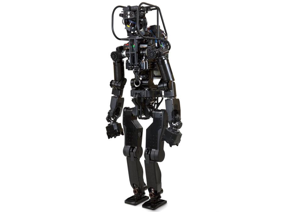 A sleek black humanoid robot with a camera-equipped head.