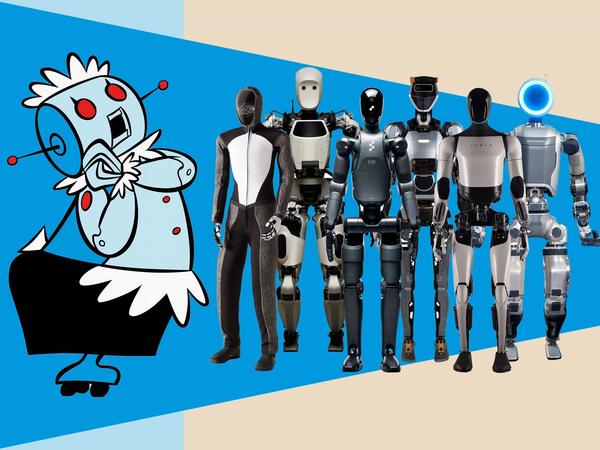 Rosie, the robot maid from the Jetsons, stands next to 6 humanoid robots including Neo, Apollo, Figure, Phoenix, Optimus and Atlas.