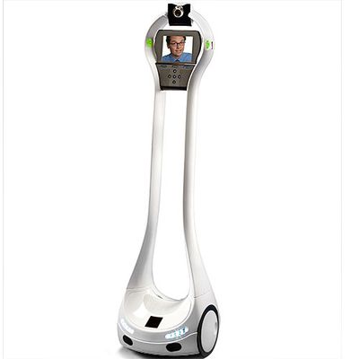 A lightweight white telepresence robot with a thin hollow frame and a display showing a persons face.