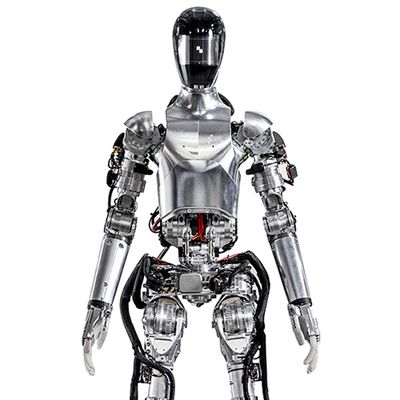 Figure 01 is a shiny silver bipedal humanoid with hands and a helmeted head.