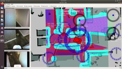 Computer screen with a 3D digital map of an office and separate camera views of a hallway where the robot is located.