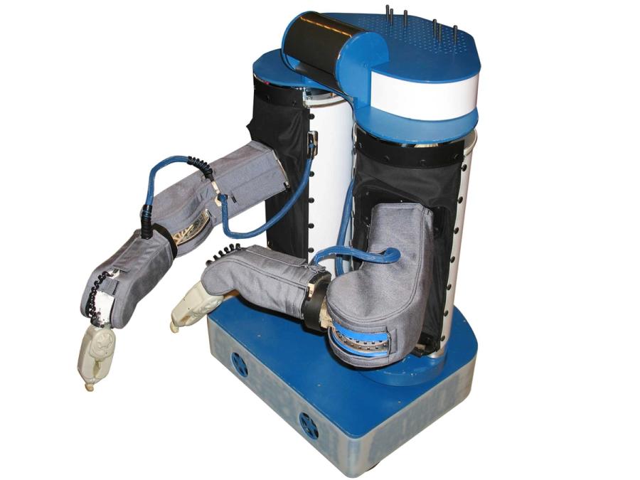 A blue and silver base with two vertical pieces units, each of which have a robotic arm in grey material and beige gripper end effectors. 