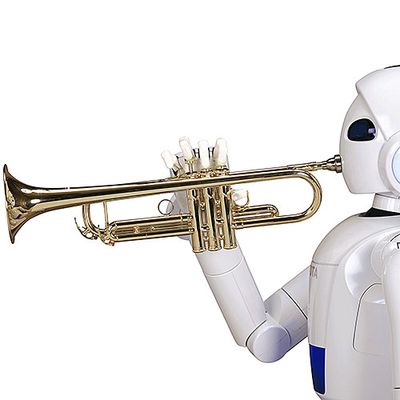 Side view of a cartoonish white humanoid robot blowing into a trumpet, which it plays with one hand.