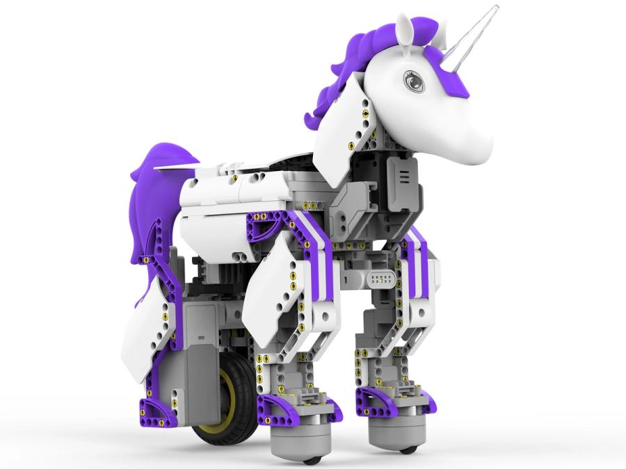 A purple and white unicorn with a white horn and wheels, made up of many small, simple plastic parts.