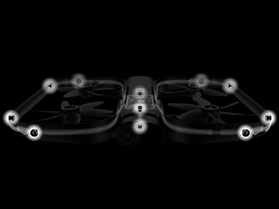 An illustration of the drone highlighting the locations of its many cameras.