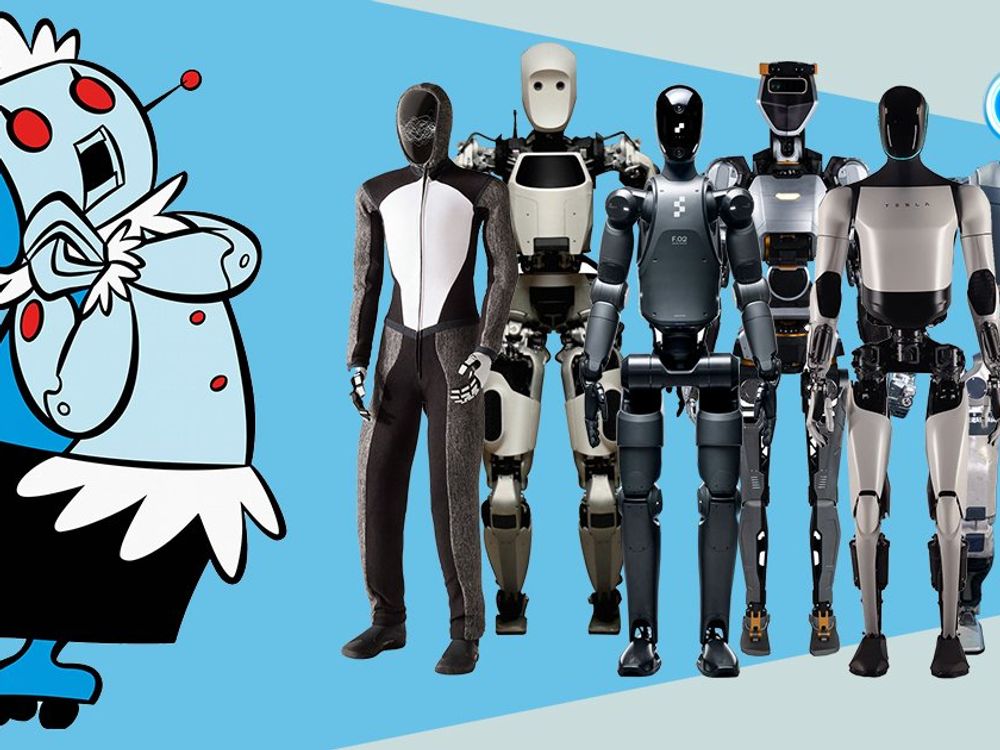 The robot helper Rosie from the TV show The Jetsons next to a group of new AI robots consisting of Neo from 1X Technologies, Apollo from Apptronik, Figure 02 from Figure AI, Phoenix from Sanctuary AI, Optimus from Tesla, and Atlas from Boston Dynamics.